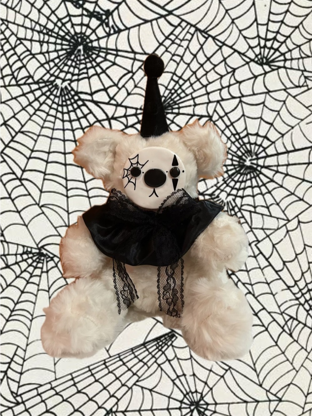 Cream Plush Clown Bear with Black Hat and Lace Collar
